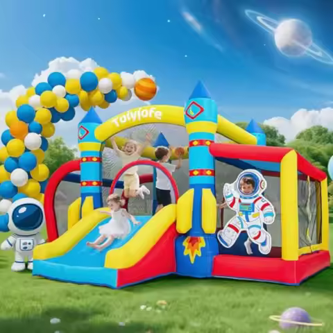 Space Adventure 11.5FT × 10FT Inflatable Bouncy Castle for 3-6 with Slide Ball Pit Hoop Soccer Goal 
