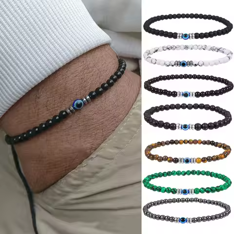 4mm Natural Stone Beads Bracelet for Men Fashion Lucky Evil Eye Smooth Round Beaded Couple Wristband