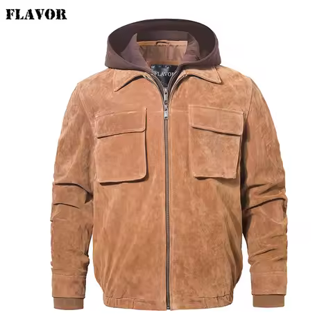 FLAVOR Mens Leather Bomber Jacket Suede Casual Jacket with Removable Hood