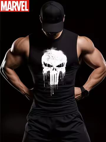 Men's Sleeveless Shirt with Skull Logo Designed By Marvel Punisher Fitness Muscle Vest 100% Cotton F