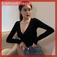 FashionFinesseE เสื้อยืดแขนยาวคอวีลึกเซ็กซี่แฟชั่นผู้หญิงสีพื้นเสื้อครอป