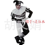 Halloween Costume Clown Dress Up Costume Black White Stitching Clown Costume with Hat Jumpsuit Clown