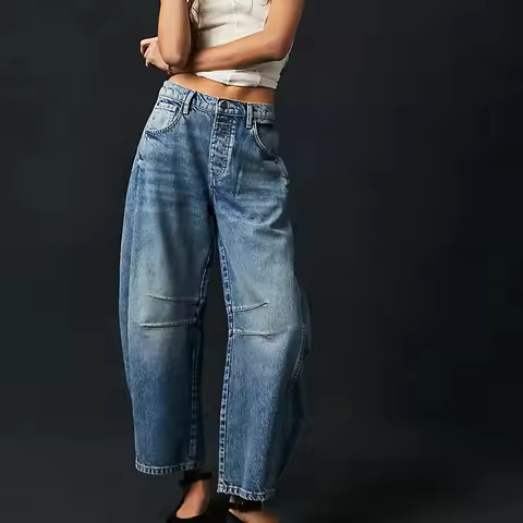 ONE TO WAN Jeans Denim Women Wide Leg Pants Ankle Length Washing Pockets Mid Waist Distressed Y2k St