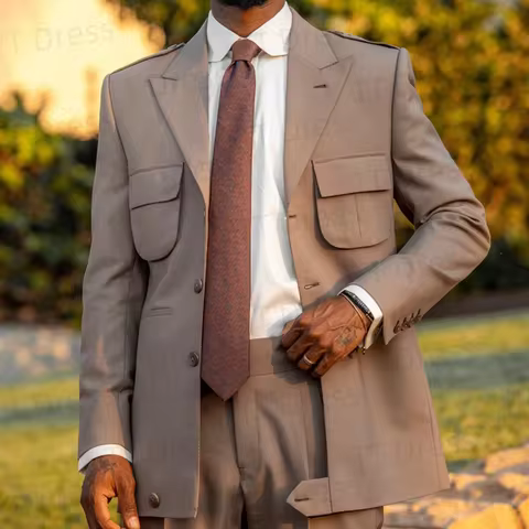 Causal Coffee 2Pcs Solid Color Peak Lapel Single Breasted Hunting Africa Men Suit Groom Wedding Suit