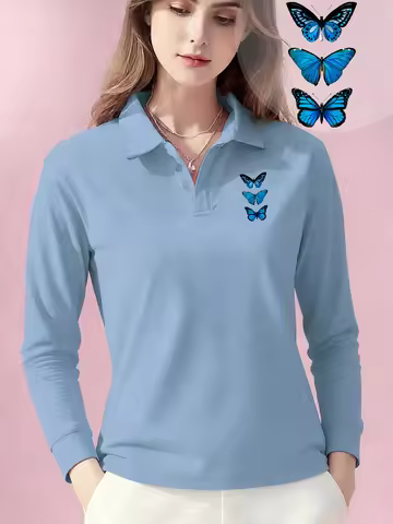 Stacked Blue Butterflies Embroidery Elegant T-Shirts Womens Long Sleeve Polo Shirt Relaxed Fit Cloth