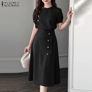 ZANZEA ชุดสูท2ชิ้นสไตล์เกาหลีสำหรับผู้หญิงชุดมิดิเสื้อคอกลมแขนสั้นมีขอบแต่งระบายชุดเซตกระโปรง #11