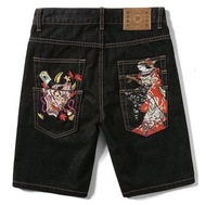 日系刺繡怒鬼男短牛仔褲