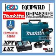 MAKITA 18V DHP482RFE CORDLESS HAMMER IMPACT DRILL 62NM XPT LXT + BL1830B 3.0AH BATTERY X2 +DC18RC CH