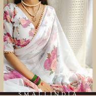 {**ส่งฟรี**} SMALL INDIA 🥻 White Georgette Printed Saree ชุดสาหรี 🥻 Women Saree