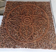 Natural Brown Color Mandala Wood Carving Panel 36 x 36 inches Wooden Carved Plaque Lotus Wooden Pane