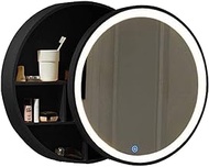 LED Round Mirror Cabinet Bathroom Wood with Light, Wall Mount Mirror Cabinet Bathroom Storage, Solid Wood Anti-Fog Bathroom Mirror/Wall-Mounted Round Vanity Mirror (Wood 70cm) (Black 50cm)
