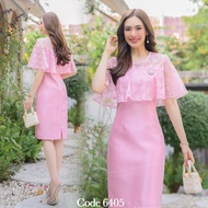 6405:งานเดรสผ้าไหมญี่ปุ่นคอปาด แต่งระบายลูกไม้ช่วงคอและแข