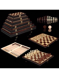 三合一木製棋盤遊戲套裝，配有絨面底部，具有防滑和耐磨特性，包括多種尺寸的棋子（24*29*34*39*44*49）cm），適用於棋類比賽，桌面遊戲等，可摺疊方便收納。