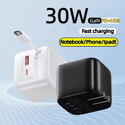 30W GaN Charger Retractable Cable Type-C USB Fast Charging Adapter For iPhone Xiaomi Tablet Laptop P