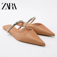 Zara New Product Beige Shiny Drawstring Slingback Flat Shoes
