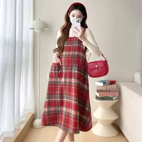 2025 new year Pregnant Women Red Dress Suits long sleeve slim shirts jumpsuit strap dress twoset plu