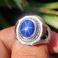 Cincin Titanium Tanam Batu Akik Permata Blue Safir Sapphire Star Mewah