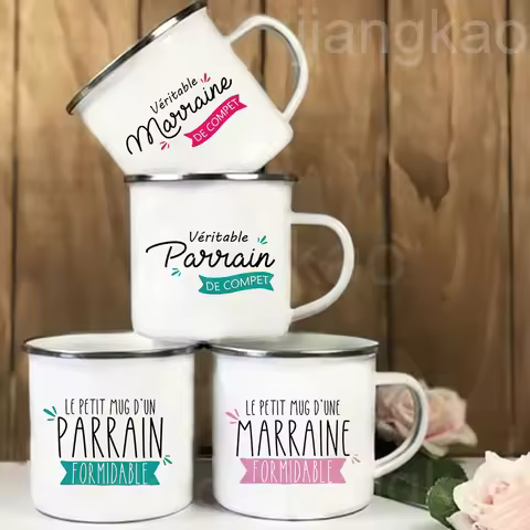 French Marraine Parrain Print Enamel Coffee Mug Drinks Milk Cup Camping Mugs Best Birthday Holiday G