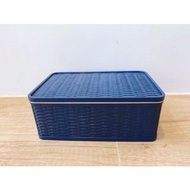 【二手近全新】日本製 竹編風深藍 竹中便當盒 保鮮盒 日式便當 野餐盒 800ml