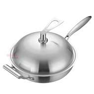 W-8&amp; 304Stainless Steel Wok Three-Layer Steel Less Lampblack Non-Coated Flat Non-Stick Frying Pan Binaural Induction Coo