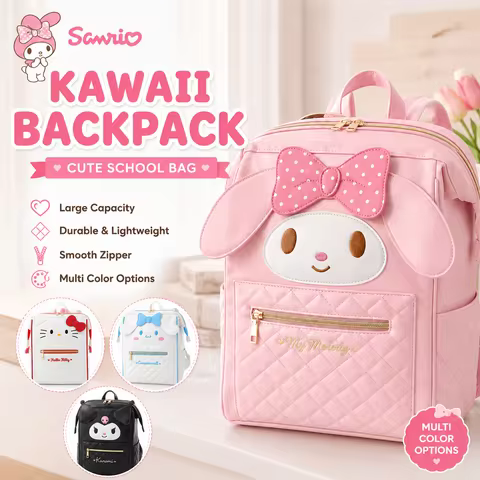 Kawaii Sanrio Backpack My Melody Kuromi Hello Kitty Cinnamoroll PU Leather Large Capacity Cute Schoo
