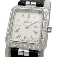 OMEGA/歐米茄方形鑲鑽錶圈復古腕錶 K18WG白K金/皮革/鑲鑽石英銀色錶盤/黑色皮革錶帶 女士 [二手]