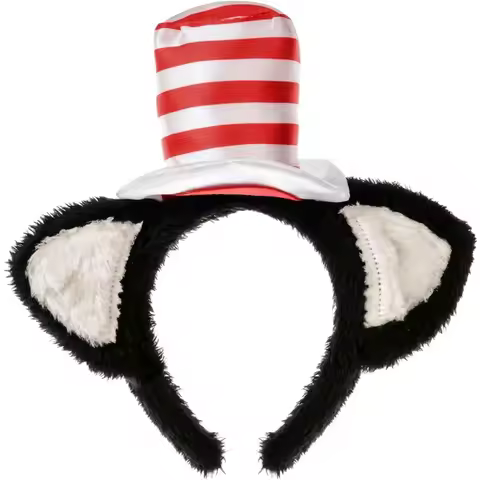 2PCS June Bloomy Party Headband Steampunk Cat Hat Ears Headband with Red and White Striped Top Hat H
