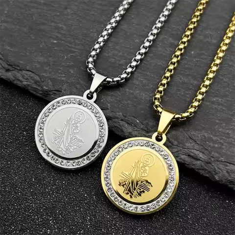 Catholic San Judas Medal Pendant Necklace for Women Men Stainless Steel Gold Color Saint Jude Chain 