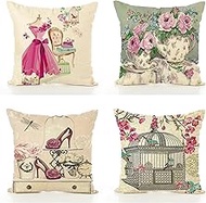 Cushion Cover, 65x65cm Set of 4, Classical Art Floral Soft Velvet Throw Pillow Cases 26x26in, Square Sofa Cushion Cover with Invisible Zipper for Couch Bed Car Bedroom Home Decor