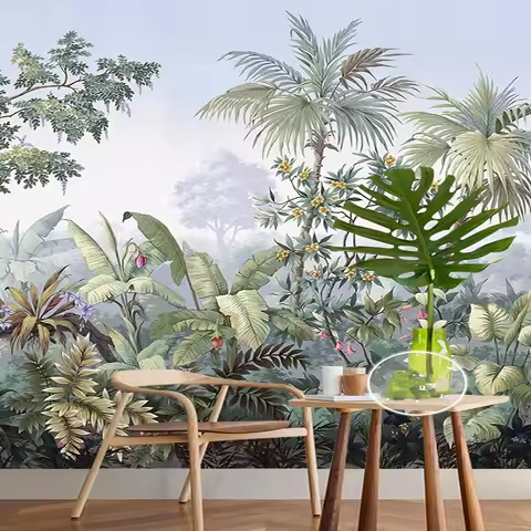 Custom 3D Wallpaper European Style Hand Painted Rain forest Banana Coconut Tree Mural Living Room En