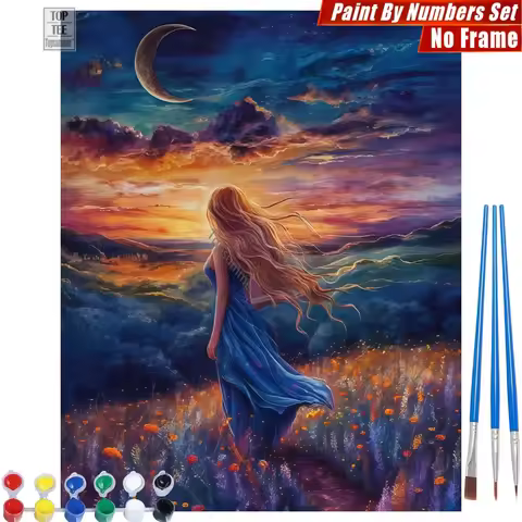 Blonde woman field Paints By Number Set - Crescent moon stars Home Activities Christmas Gift For Dau