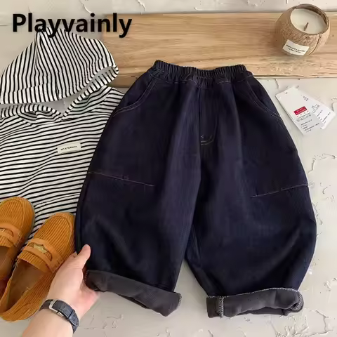 Winter Fashion Children Fleece Warm Wide Leg Jeans Elastic Waist Loose Straight Leg Blue Denim Pants