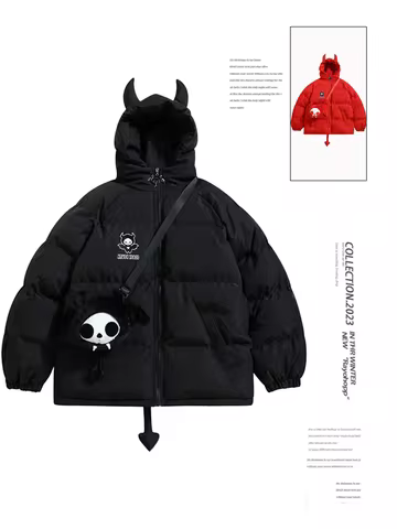 Women Black Gothic Thicken Parkas Jacket Hip Hop Devil Horns Wing Couple Hooded Padded Jacket Street