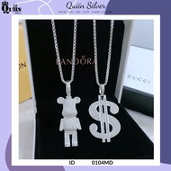 S925 Quiin silver chain/necklace - 55 cm chain with bear, cross, letter LV, S, leather shape with st