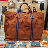 Hermes 日本中古 咖啡帆布深藍邊 herline Tote 手提袋GM