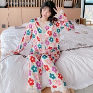 【Nightdress】 Women Silk Baju Tidur Plus Size Pyjamas Set Wear Long Sleeve Pajamas Ladies Nightwear