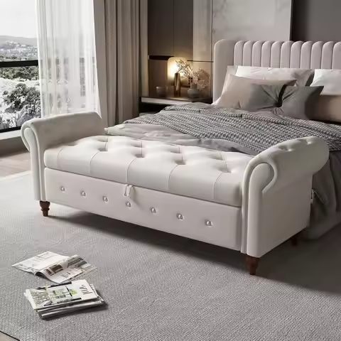 63" Storage Ottoman, End of Bed Bench King Size with Button Tufted Upholstered Rolled Arms Multifunc