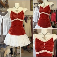 [2hand_thrift] Velvet tank top M L bust 84-94 length 54!!️Colored lace and straps