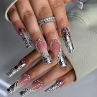 Long Press on Nails Square - Silver French Tip Fake Nails with Heart Design - Rhinestone, Elegant Fu