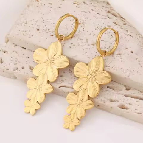 316L Stainless Steel Flower Pendant Earring For Women Vintage Gold Color Flower Charms Hoop Earrings