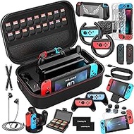 Mooroer Switch Accessories Bundle 28 in 1 for Nintendo Switch, Gift Kit with Carrying Case, Dockable Protective Case Cover, Screen Protector, Game Cards Case, Earphone etc (Black)