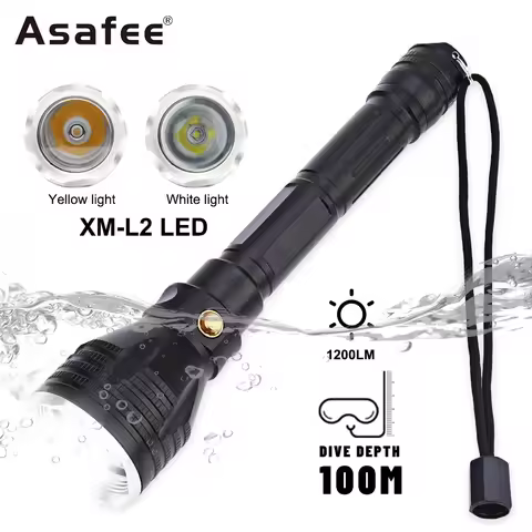 Asafee 100M Underwater 1200LM Yellow/White Light L2 LED Diving Flashlight Waterproof Torch Press Swi