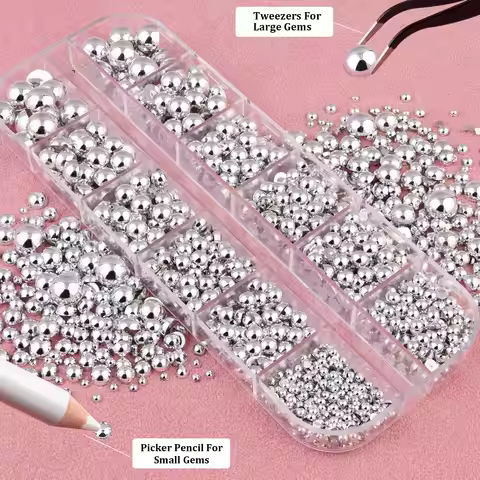 12Grid Gold&Silver Half-Beads Nail Charms With Pick Pen+tweezers Metal Nail Round Caviar BallY2K 2/3