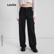 Lovito Casual Plain Button Pocket Women Jeans L35AD048 (Black) Lovito Kasual Polos Kancing Saku Jean