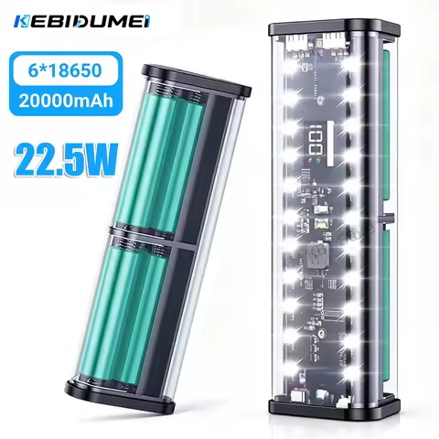 KEBIDUMEI 6x18650 Power Bank Case 22.5W Fast Charging LED Screen Transparent Battery Storage Box Cas