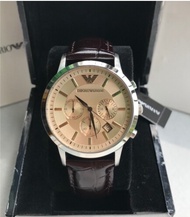 Emporio Armani Mens Classic Chronograph Cream Face Brown Leather Strap Watch AR2433