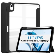 For iPad 2025 A16 Case with Pencil Holder Tri-Folding Acrylic Clear Back Smart Cover for iPad 11th G