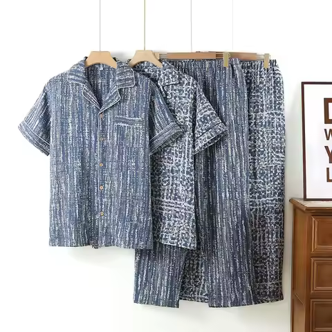 Two Piece Sets Men's Pajamas Summer Floral Short Sleeve Sleepwear Cotton Pyjama Set Man Nightwear Pi