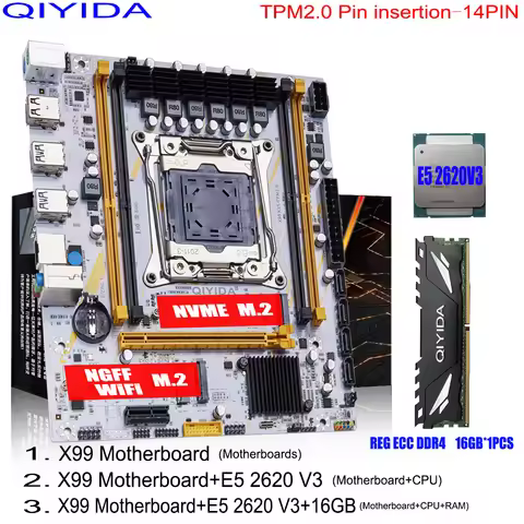 Qiyida X99 motherboard set LGA2011 3 Xeon E5 2620 V3 DDR4 16GB REGECC memory USB3.0 NVME M.2 NGFF Wi