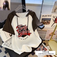 大碼印花女裝💥luomandress💥现货🍒特大码300斤插肩短袖T恤女2023夏装宽松胖妹妹240斤连帽上衣ins潮plus size extra large size oversize fat b